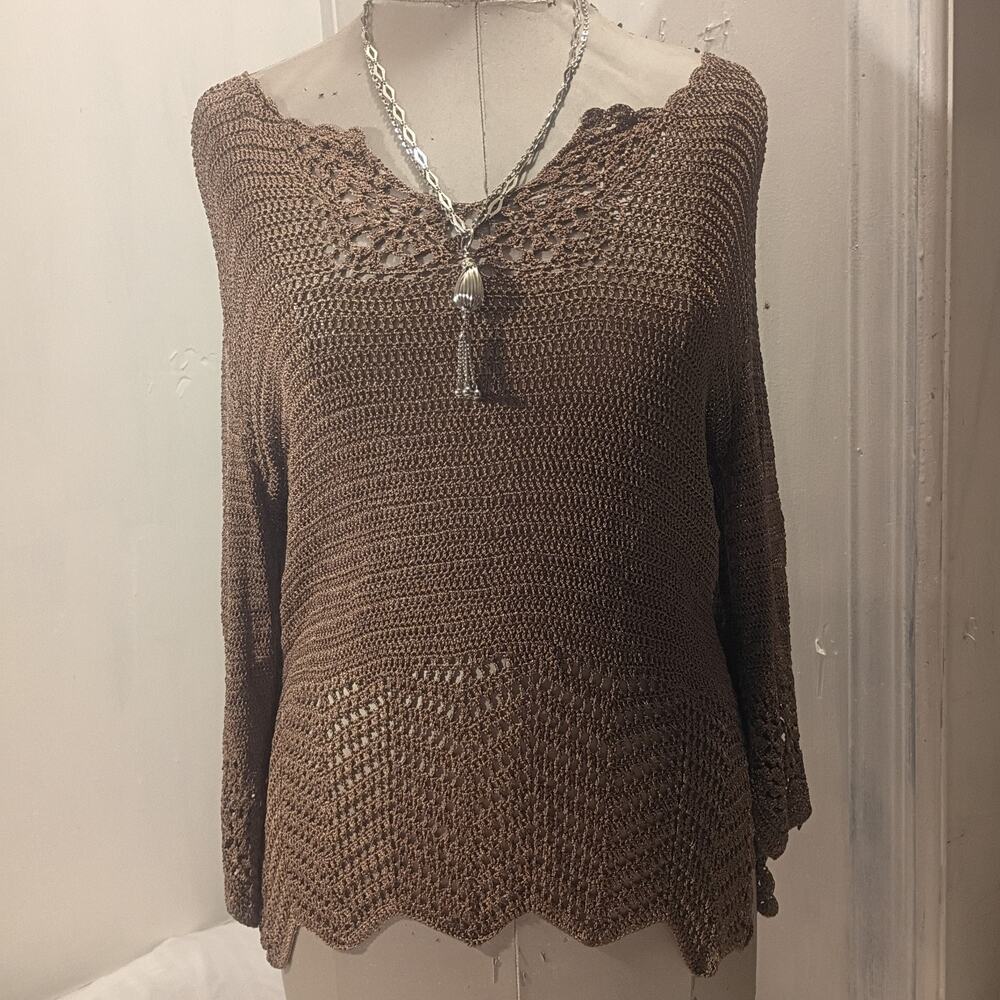 Betty Paige Crochet Knitted stretch 3/4 Sleeve Vicose Top Size Large